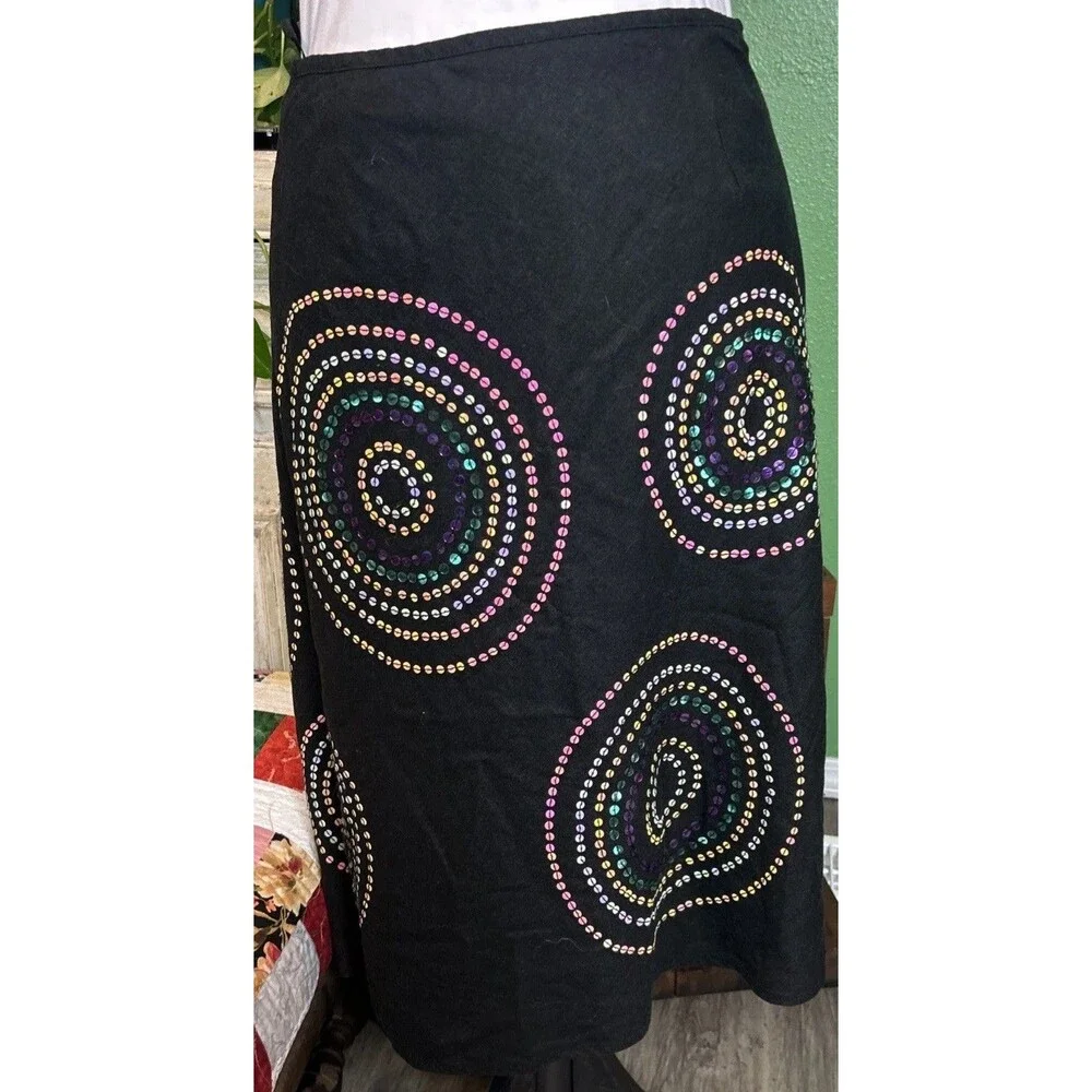 Vtg Y2K Sequin Midi Black Skirt Size 8 Grunge Fairy Whimsy Rainbow seqins